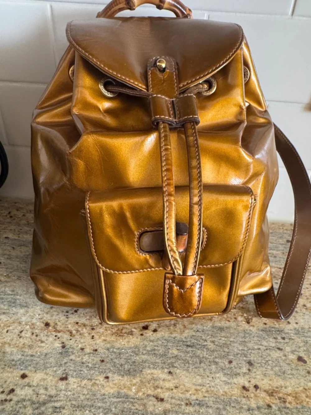 Gucci mini Patent Leather Drawstring Backpack ,, Bamboo Handle VTG Bronze - Picture 14 of 17